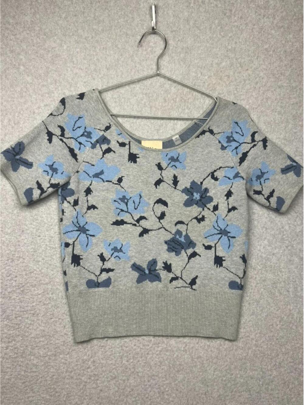 Elie Tahari Short Sleeve Romantic Floral Tight Knit Sweater S Career Office